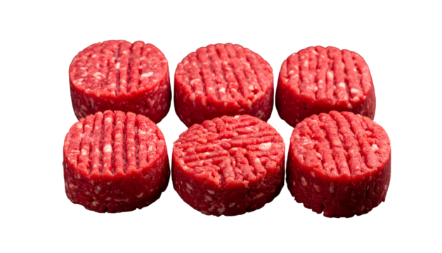 Six raw, circular patties of ground meat, arranged in two rows, against a black background