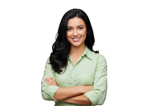 A young professional woman with long dark wavy hair and a friendly smile stands with her arms crossed isolated on transparent background