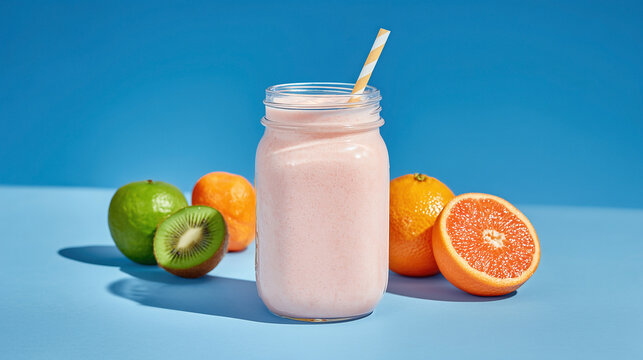 Celebrating Cocktail Straw Day with a vibrant fruit smoothie in a jar alongside fresh citrus and kiwi on a bright blue background - Powered by Adobe