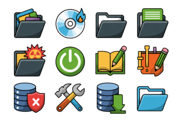 Vibrant vector icons for software, data, and tools symbolizing organization, safety, and functionality in a modern, minimalist design for digital projects.