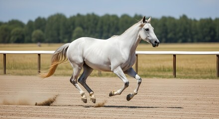 A magnificent white horse galloping freely in a field under a bright sky with trees in the distance