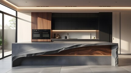 Minimalist Kitchen Design Featuring a Gray Stone Waterfall Island