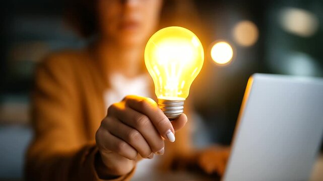 Business hand pointing at video analytics with lightbulb engagement insight creative performance optimization digital video strategy view counts and metrics laptop defocused