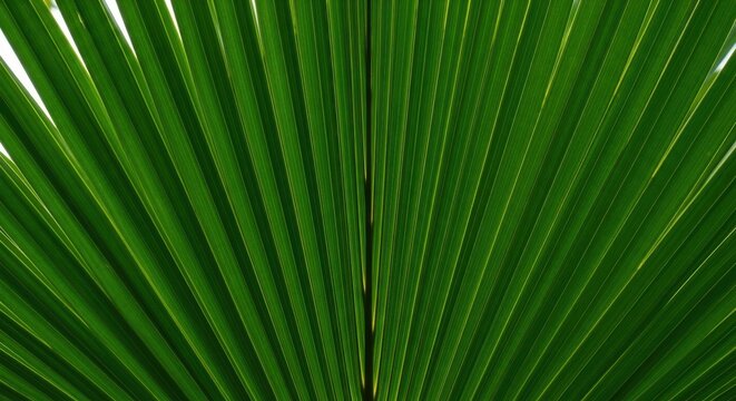 Closeup view of a vibrant green palm leaf, showcasing its intricate veined texture and natural pattern, creating an abstract organic background with a sense of lushness and tropical nature