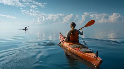 People enjoy kayaking on calm blue waters under a clear sky with fluffy clouds during a sunny day