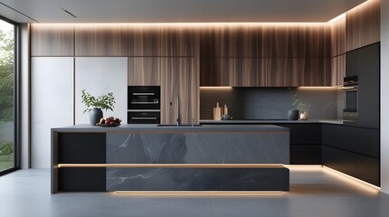 Modern Luxury Kitchen Interior with Matte Black and Walnut Cabinets
