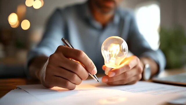 Business hand arranging creative brief elements with central lightbulb big idea digital campaign planning marketing strategy documents desk defocused face not visible with cop