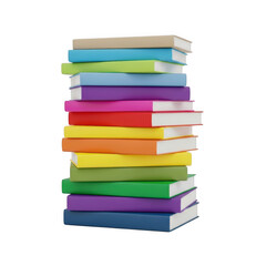 A tall stack of colorful books with textbooks and novels arranged neatly together creating a vibrant display transparent background