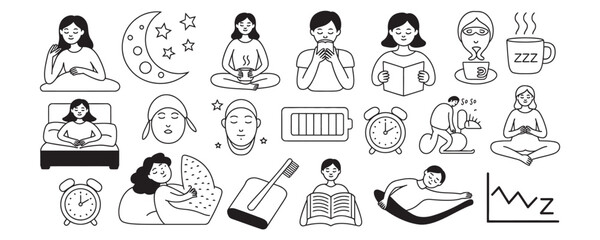 Relaxing bedtime routine icons for peaceful sleep and wellness promotion, perfect for health blogs, sleep apps, and lifestyle content about selfcare