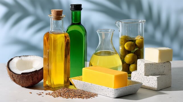 Table with a variety of food items including a yellow butter block, a bottle of olive oil, and a jar of olives
