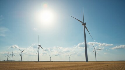 Wind turbines stand tall in a field under a bright, sunny sky, symbolizing green energy.