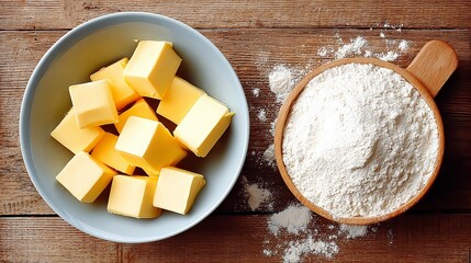 Bowl of butter and a bowl of flour are placed on a wooden table. The butter is cut into small cubes and the flour is in a separate bowl. The scene gives off a cozy and homey feeling
