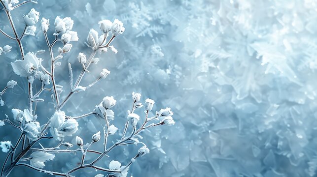 Frost covered branches with buds against a blurred icy blue background in winter season scene - Powered by Adobe