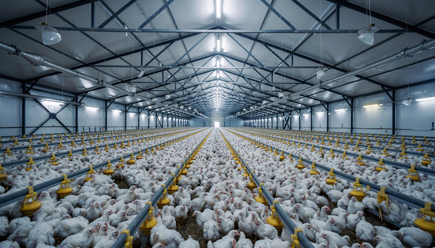 Thousands of broiler chickens in modern industrial poultry house