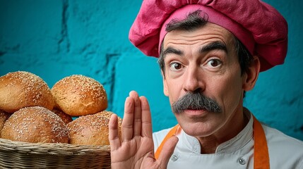 Man in a chef's hat is holding a basket of bread and making a gesture. Concept of warmth and hospitality, as the man is welcoming someone to his bakery