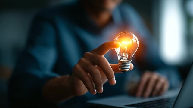 Business hand pointing at video analytics with lightbulb engagement insight creative performance optimization digital video strategy view counts and metrics laptop defocused - Powered by Adobe