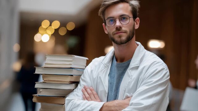 Medical college student confidently stands with a stack of books showcasing dedication to learning and future medical career in a modern educational setting