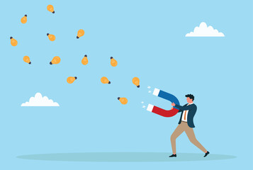 Vector illustration of a businessman using a giant magnet to attract multiple lightbulb, symbolizing creativity, innovation, inspiration, problem-solving, and the power of generating new ideas
