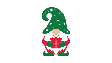 A festive christmas gnome wearing a tall pointed green hat adorned with stars and holding a red gift box silhouette