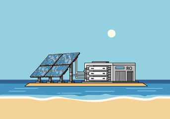 A modern solar water purification system utilizes solar panels and reverse osmosis technology, set against a coastal backdrop. Clean, bright illustration for sustainable energy concepts. © Vector Factory