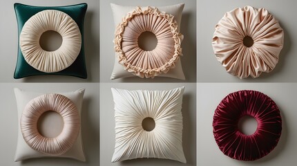 Flat Lay Collection of Six Decorative Pillows with 3D Fabric Manipulation