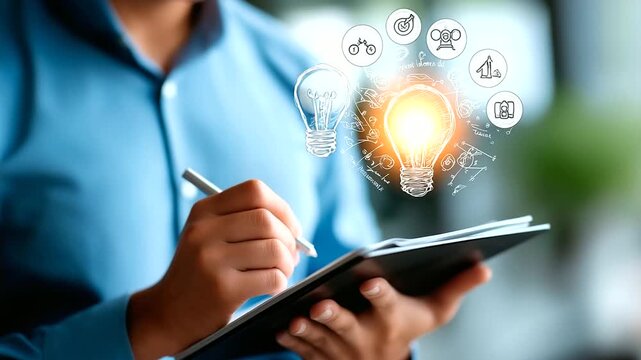 Business hand sketching logo concepts with glowing lightbulb inspiration creative brand development digital identity design marketing visual strategy drawing tablet visible