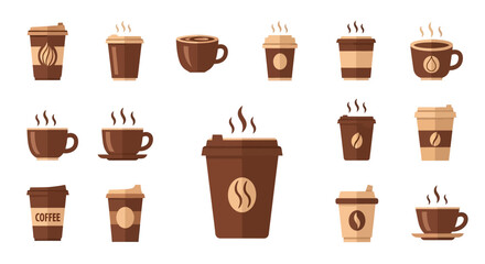 Set of coffee cups, mugs, and takeaway containers with steam