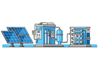 A stylized illustration depicts a solar-powered water purification system. Solar panels feed into a complex filtration unit, showcasing sustainable water technology. Clean, modern design.