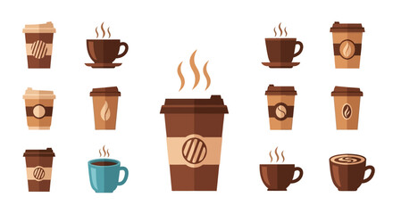 Set of various hot coffee cups, mugs, and disposable containers.
