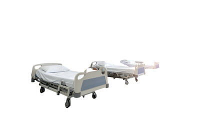 Two hospital beds, one closer and with detailed view, against a black background
