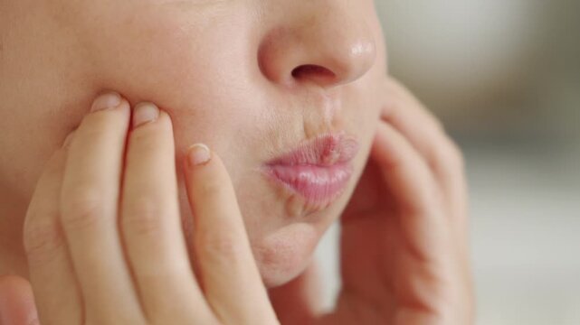 Human mouth, cheeks, and hands. A woman fills her cheeks with air and then strikes them with her fingers, releasing the air with a wet, popping sound. The action expresses annoyance or impatience.