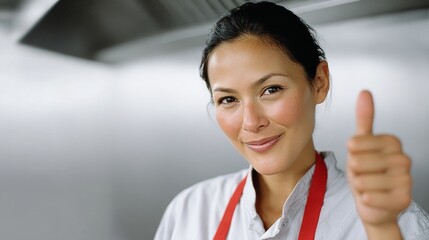 Woman in a white apron with a red apron is giving a thumbs up. She is smiling and she is happy