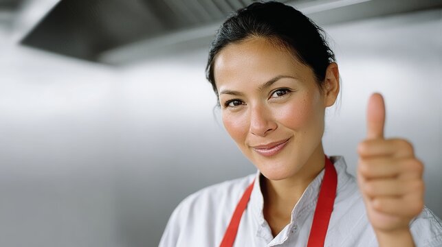 Woman in a white apron with a red apron is giving a thumbs up. She is smiling and she is happy - Powered by Adobe