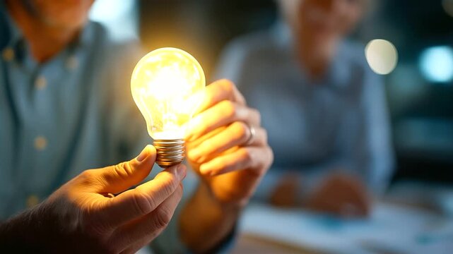 Business hands reviewing collaboration proposal with lightbulb win win concept creative partnership planning digital joint venture marketing synergy documents defocused faces