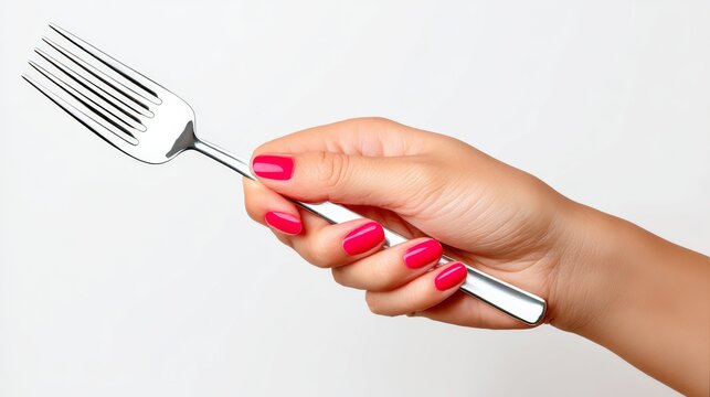Hand holding a fork with a pink nail polish. Concept of elegance and sophistication, as the person's nails are painted in a bold and eye-catching color - Powered by Adobe