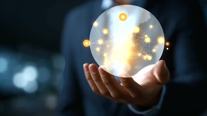 Business hands gesturing toward floating neural network visualization with lightbulb nodes creative AI marketing deep learning concept digital intelligence technical innovation - Powered by Adobe