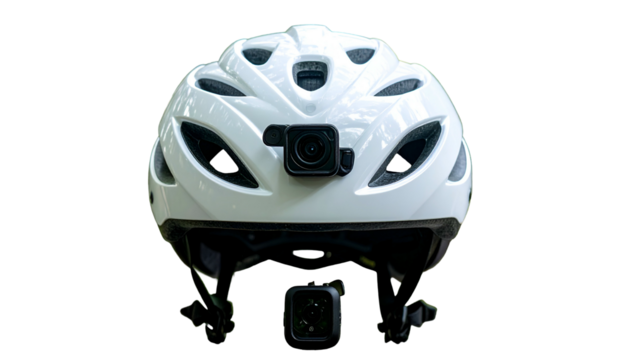 A white bicycle helmet with two action cameras attached. Black background. Front view