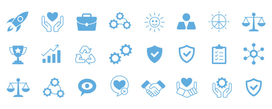 Modern business icons representing growth, success, teamwork, and ethical practices for innovative projects