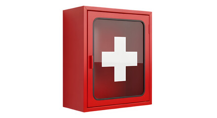 Fototapeta premium Red First Aid Wall Cabinet with Glass Door, Isolated on Black - Emergency Medical Storage