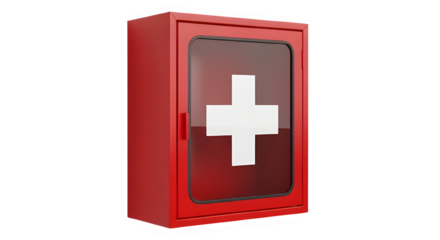 Red First Aid Wall Cabinet with Glass Door, Isolated on Black - Emergency Medical Storage