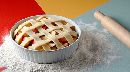 Pie with a lattice crust is sitting on a table with a rolling pin and flour. The pie is made of apples and is ready to be baked