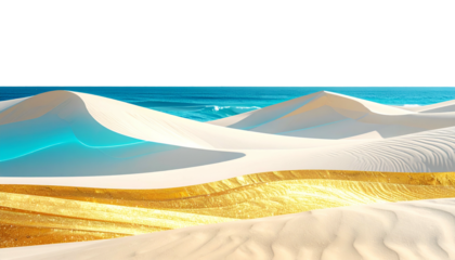 Digital art depicts pristine white dunes cascading toward turquoise ocean waters & a gold river