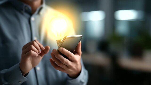 Faceless developer coding mobile app with lightbulb problem solving moment creative technical solution digital innovation programming screen defocused with copy space