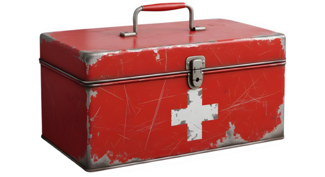 Vintage Distressed Red First Aid Box, Isolated on Black - Retro Medical Kit with Scratches and Worn Paint
