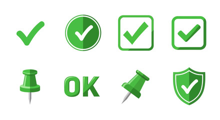 Green checkmark icons, ok text, pushpins, and shield symbols set
