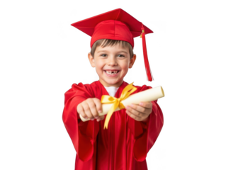 Joyful young boy wearing a red graduation gown and cap holding a diploma with a big smile isolated on transparent background