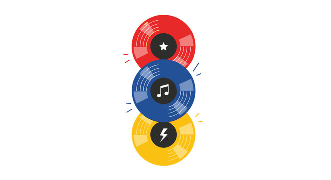 Colorful stacked vinyl records with star, music, and power symbols - Powered by Adobe
