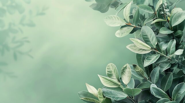 Close up of green leaves and branches on a soft green background creating a natural and calming scene