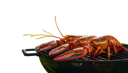 Three cooked red lobsters on a charcoal grill, isolated on a black background