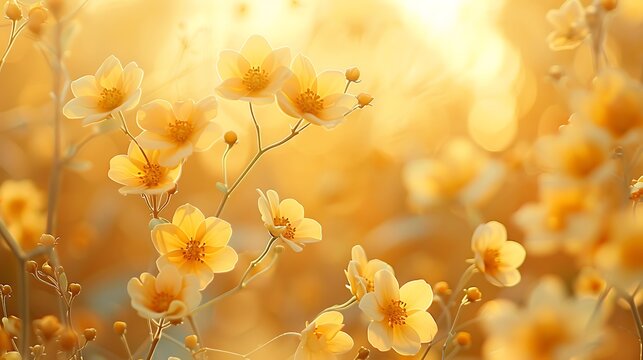 Close up shot of many yellow flowers with white petals under a bright golden sunlight outdoors in nature